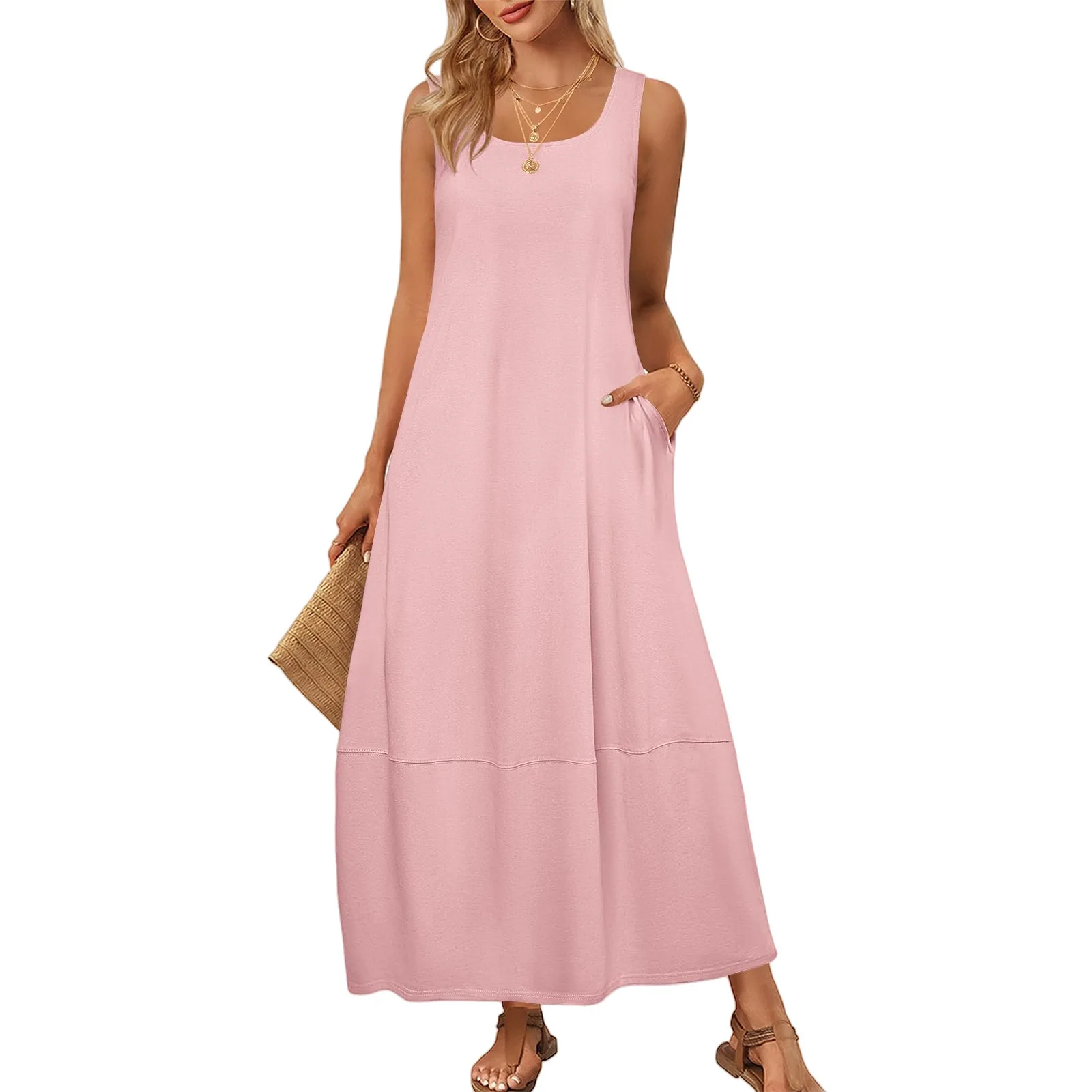 2026 Frühling Sommer Neues Elegantes Damen-Midikleid Ärmellos Einfarbig U-Ausschnitt Freizeitkleid Damen Party Club Kleidung Mit Tasche – Detail 5