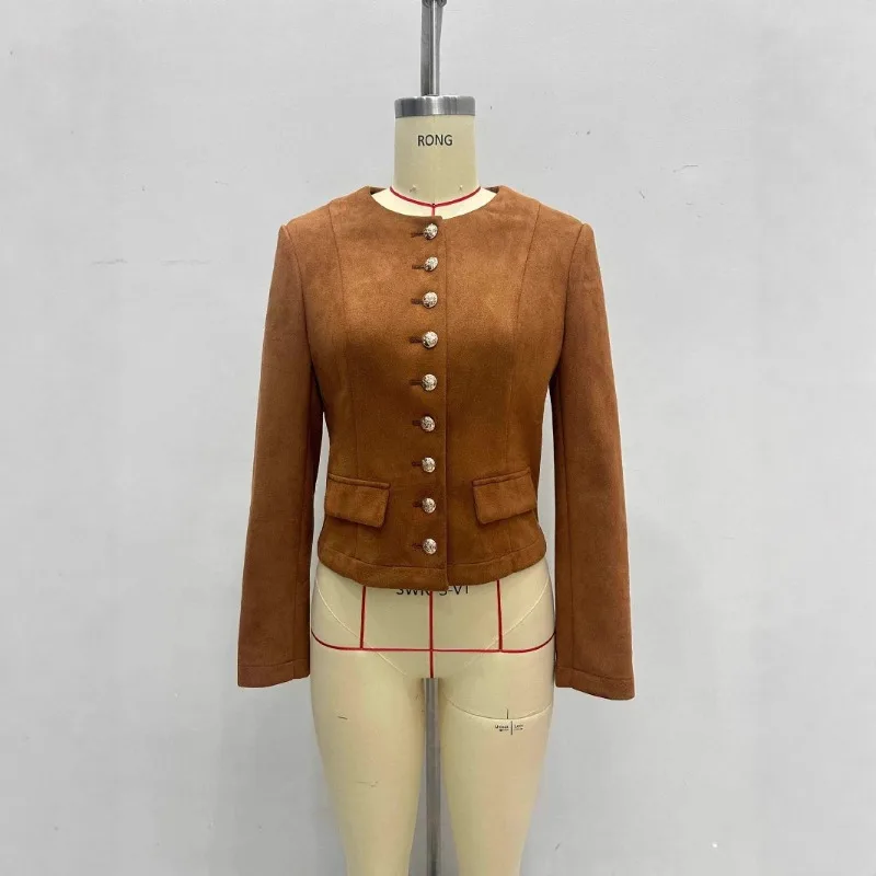 سترة من جلد الغزال البني واحدة الصدر س الرقبة سترة نسائية أنيقة ضئيلة Offce سيدة يتوهم 2025 الخريف في معاطف قصيرة جديدة فاخرة