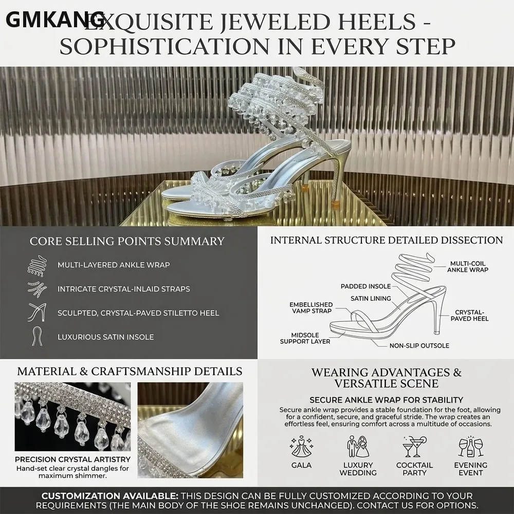Women Rhinestone Stiletto Sandals High Heels Ankle Strap Snake Wrap Around Pendant Summer Dress Shoes Party GMKANG