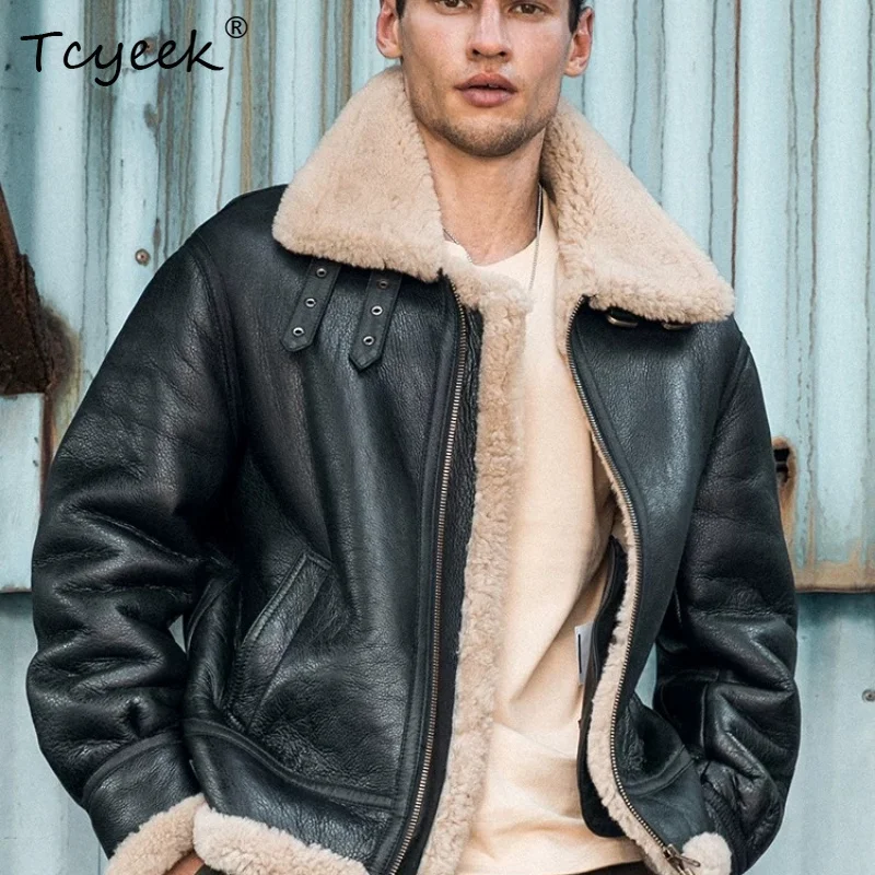 Tcyeek Real Fur Mens Coats Natural Merino Sheep Fur Coat Men Flight Jacket Fashion Warm Winter Clothes Cold Proof Куртка Мужская
