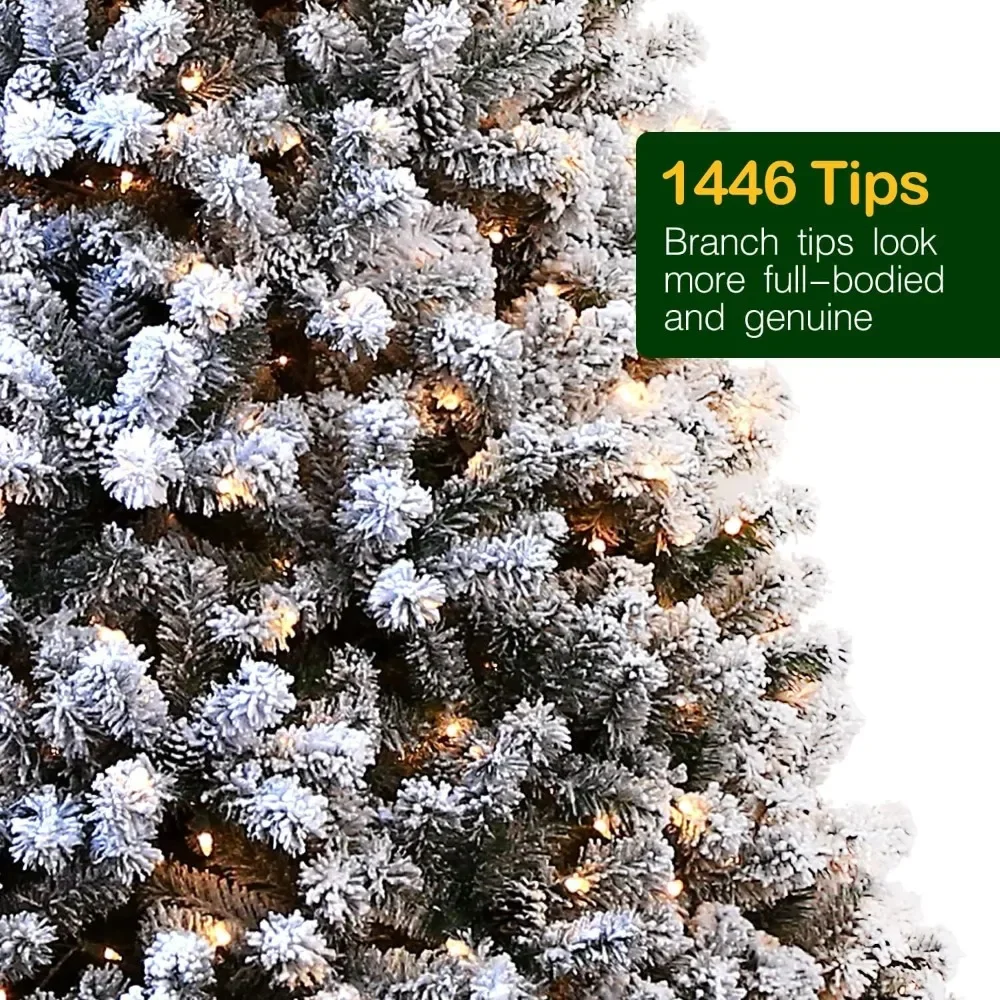 7.5 ft Snow Flocked Christmas Tree, Artificial Christmas Tree with Pine Cones, 500 Warm White Lights, 1446 Tips, Metal Stand