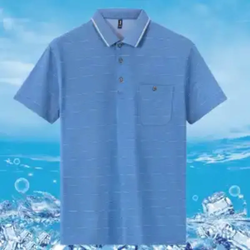 Middle Aged Men Summer Ice Silk Striped Turn Down Collar Loose Thin Short Sleeve Casual Polo Shirts Two Color Options S-4XL