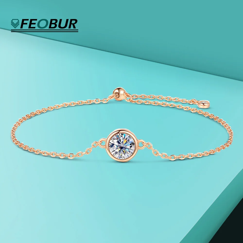 

FEOBUR 6.5mm 1Carat Moissanite Bracelet for Women Round Bezel Diamond S925 Sterling Silver Adjustable Chain Wedding Jewelry Gift