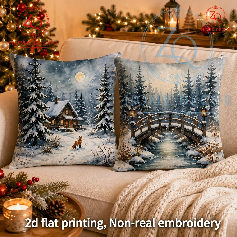 Vintage Winter Wonderland Throw Pillow Cover Rustic Snowy Cabin  Fox Watercolor Decorative Pillowcase Christmas Couch Bedroom