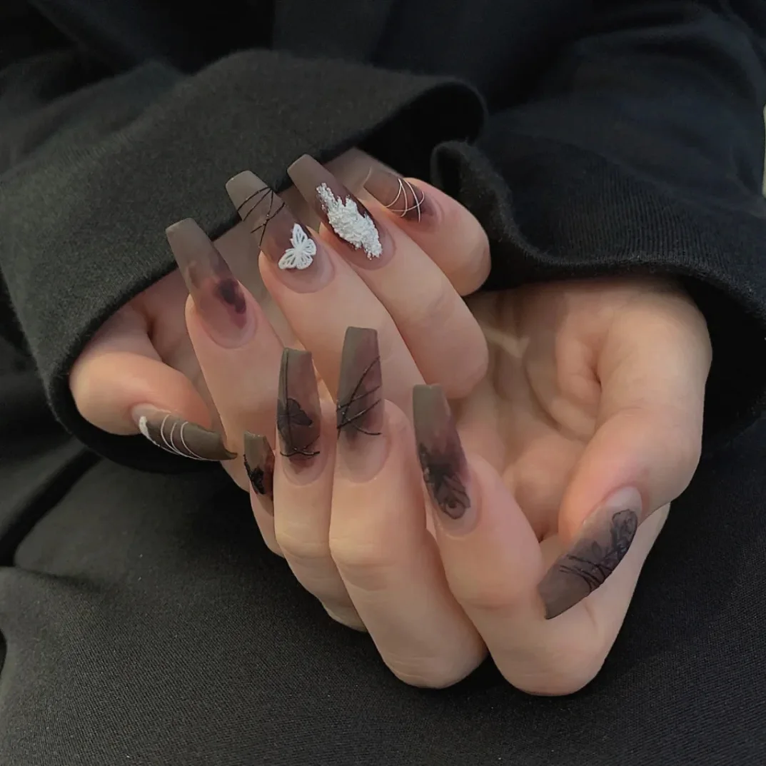 

Black Butterfly Girl Nail Art Wearable Press On Fake Nails Tips With Glue And Sticker 24pcs/box With Wearing Tools As Gift