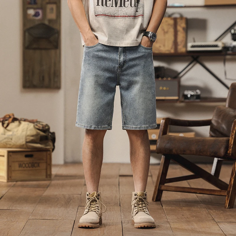 

2025 Summer New Men's Casual Jeans Shorts Loose Middle Waist Fashion Knee length Denim Shorts Retro Solid Color Men's Korean Sty