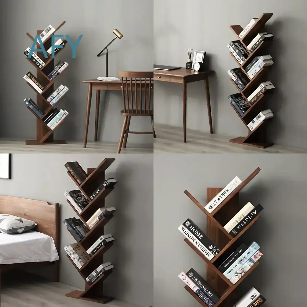 Walnut Wood Tree-Shaped Bookshelf Floor Standing Minimalist Creative Student Bookshelf Cabinet Small American Style for Home