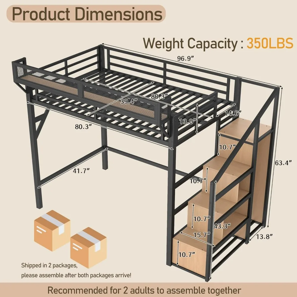 Twin XL Metal Loft Bed with Storage Stairs, Side Shelf, Wardrobe, USB Ports, and LED Lighting