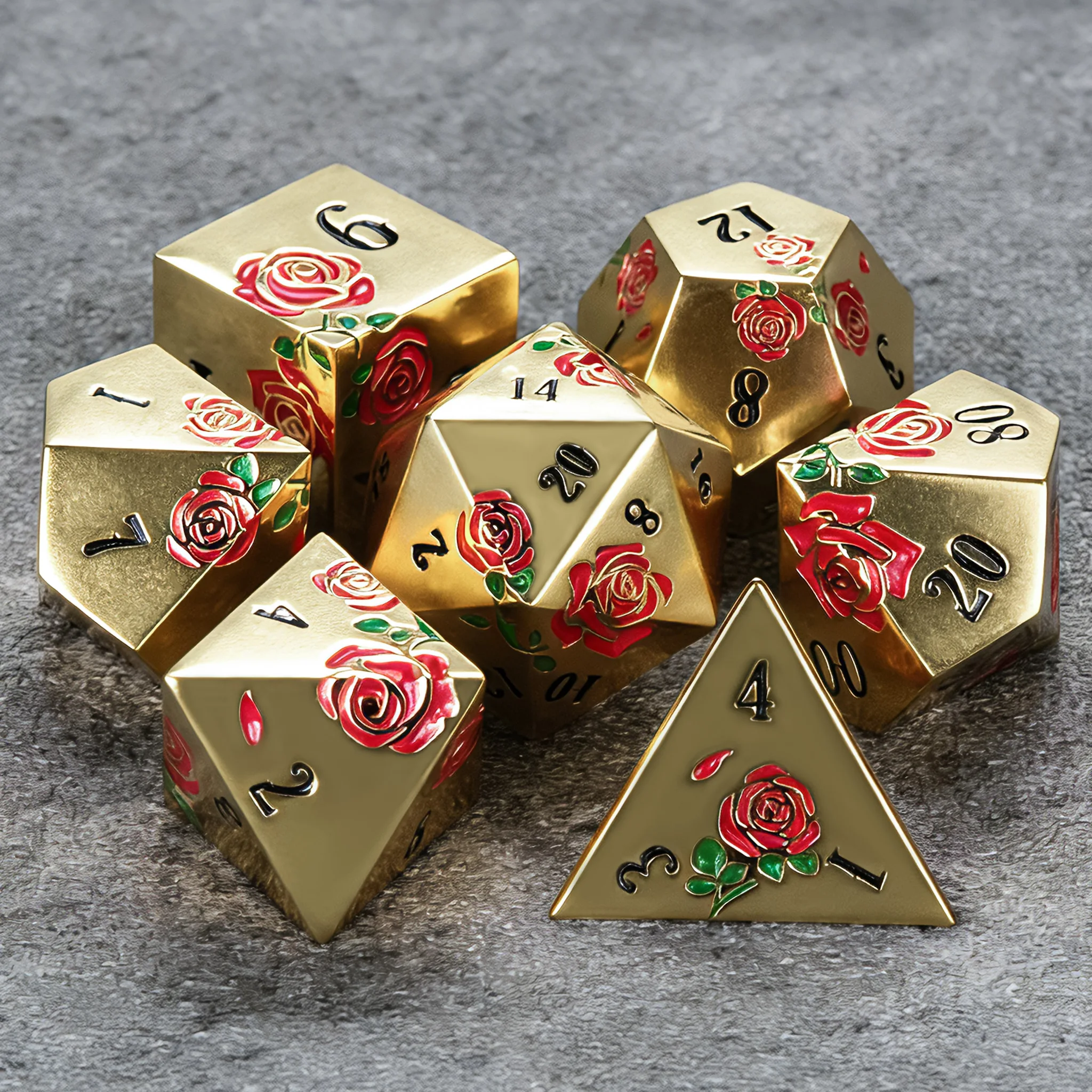 1-7Pcs Red Rose Golden DND Dice Set Rose-Embossed Metal Dice Multi-sided Polyhedral Dice for D&D Game COC Role Playing RPG Table