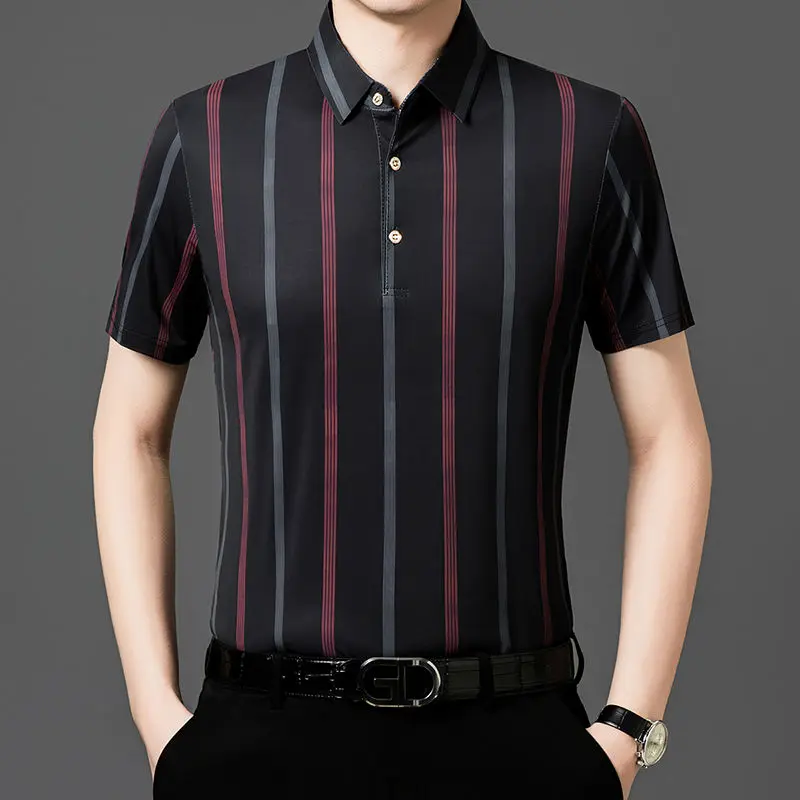

New Polo shirt men's short-sleeve striped collar ice silk half-sleeve summer high-end business brand loose T-shirt men