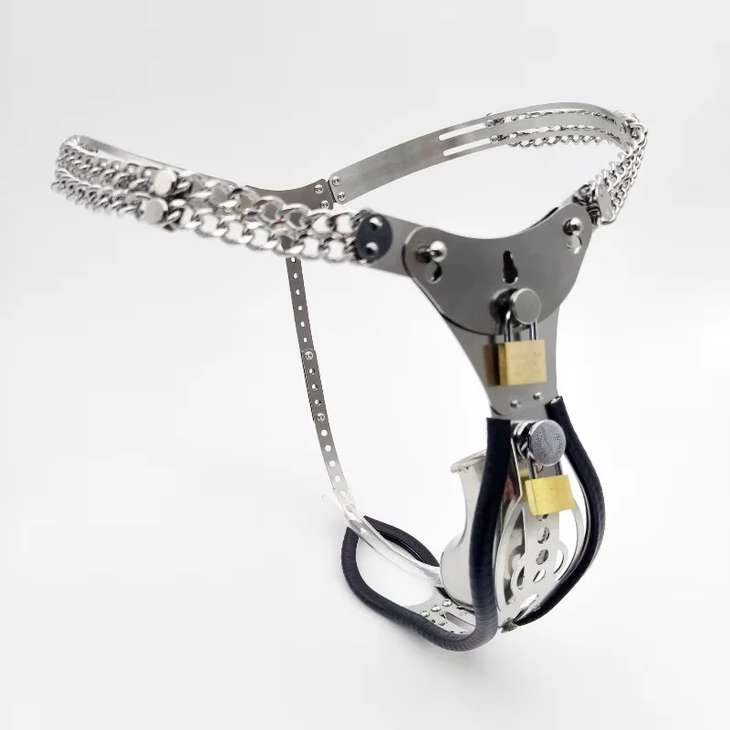 Double Metal Chain Waist Strap Male Chastity Belt Stainless Steel Penis Cage Brass Locks Ergonomic Guarded Adult Restraint Devic view 6