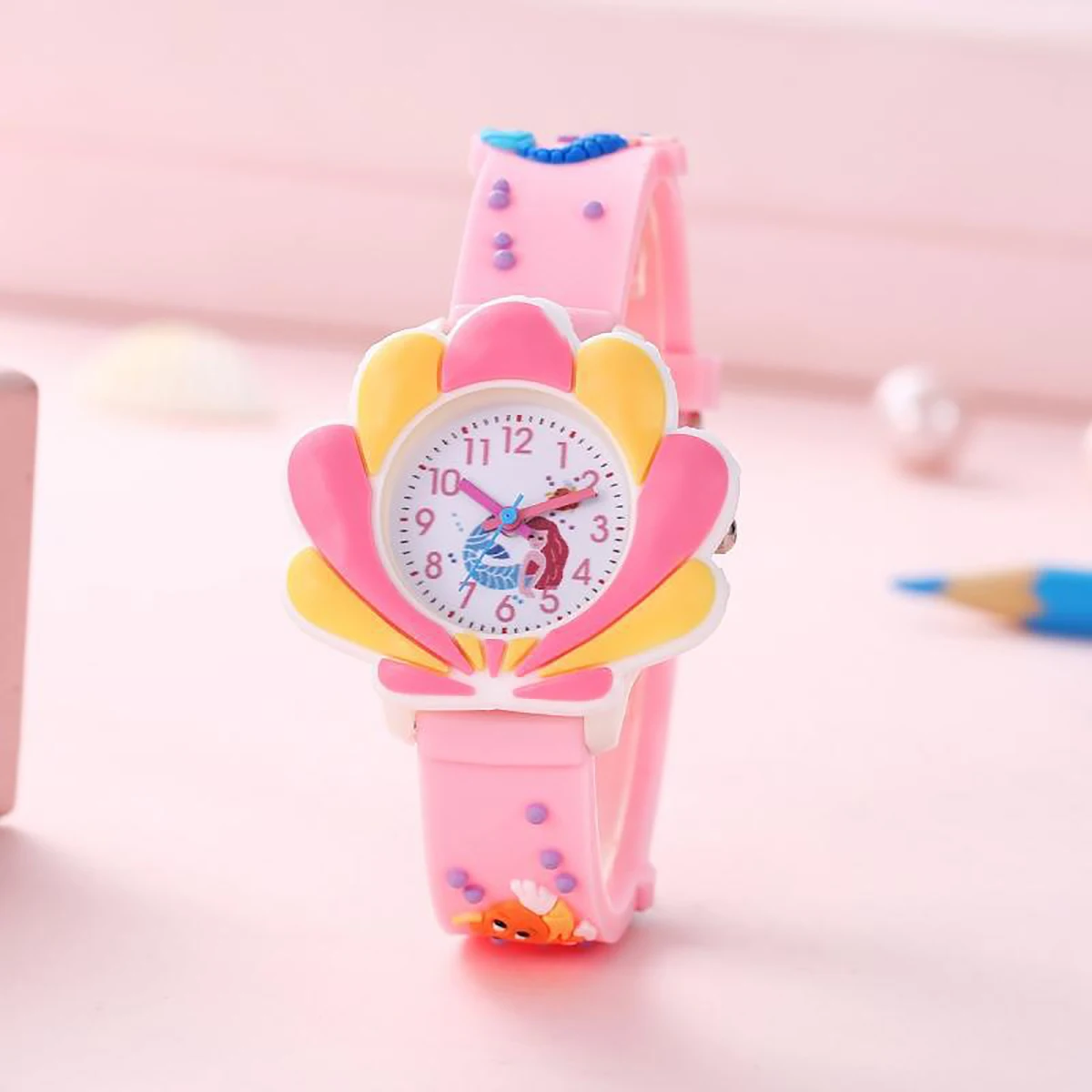 1/2/4pcs-Mermaid 3D Cartoon Shell Watch - Enchanting Colorful Design for Christmas Gifts, Watches, and Bracelets Set for Girls