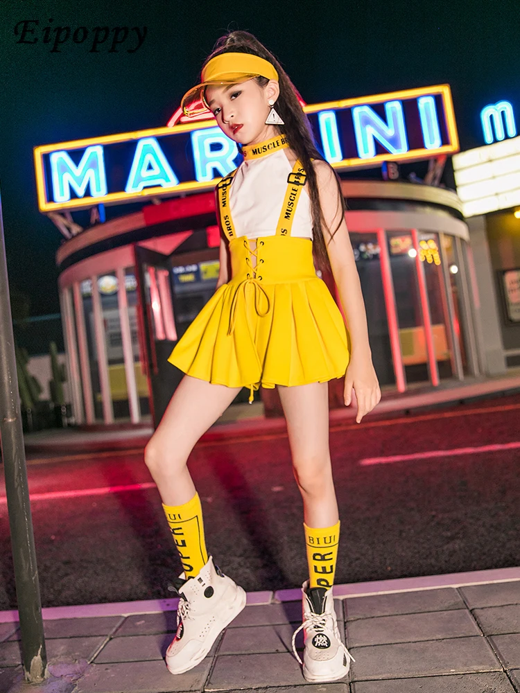 여아용 힙합 공연 의상, 재즈 댄스 스커트, 반팔, 트렌디한 의상, 세트