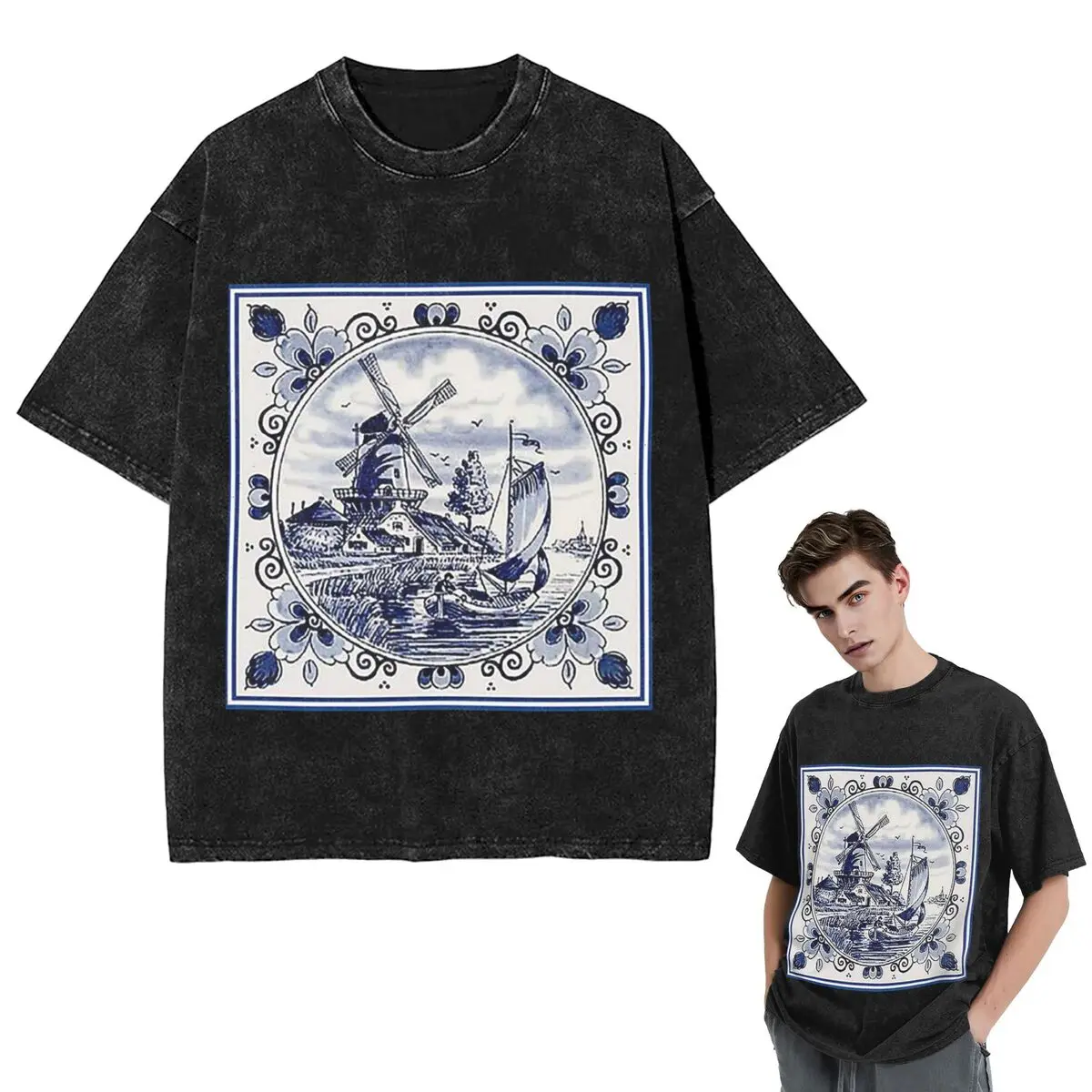 Streetwear T-Shirts Dutch Blue Delft Vintage Windmill Print Washed T Shirt Short Sleeve Hip Hop T-Shirt Tops Tees for Men Women