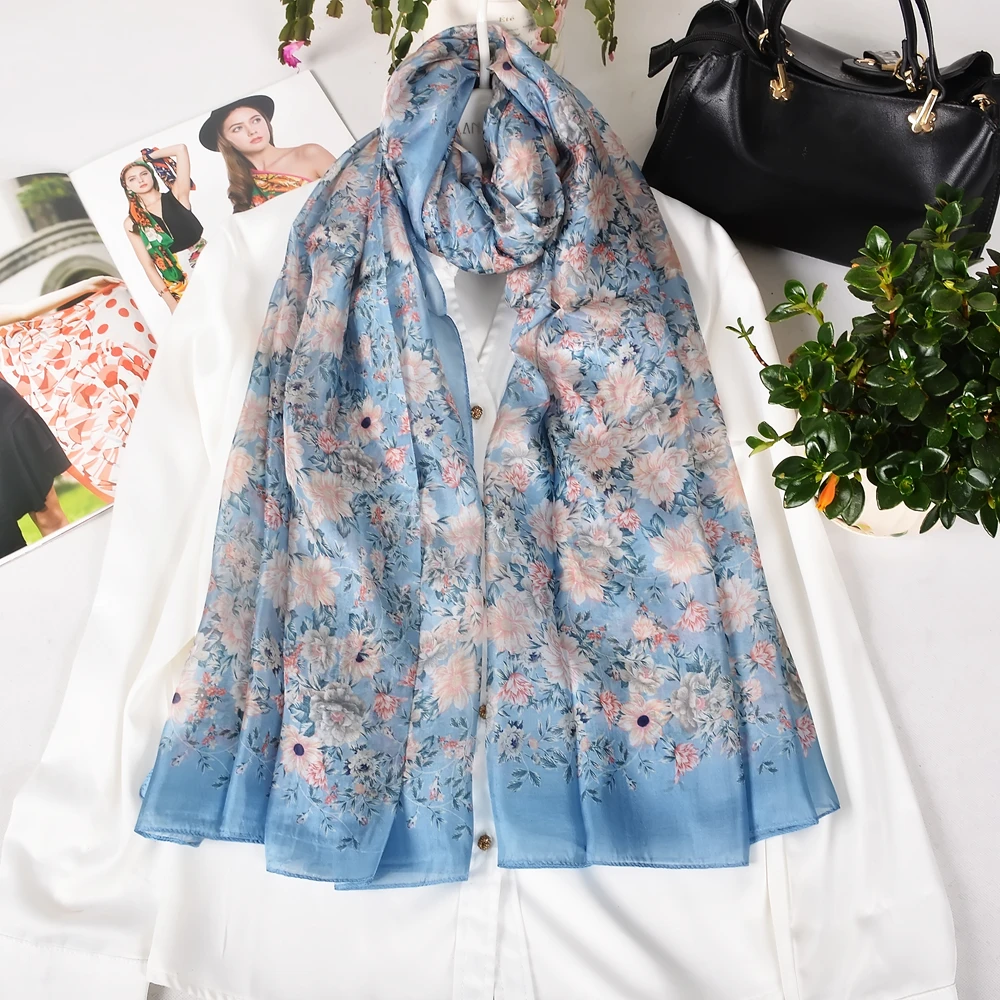 

Новый синий женский длинный шелковый шарф с элегантным цветочным узором, 100% шелк, летняя пляжная шаль, хиджаб, буфанда