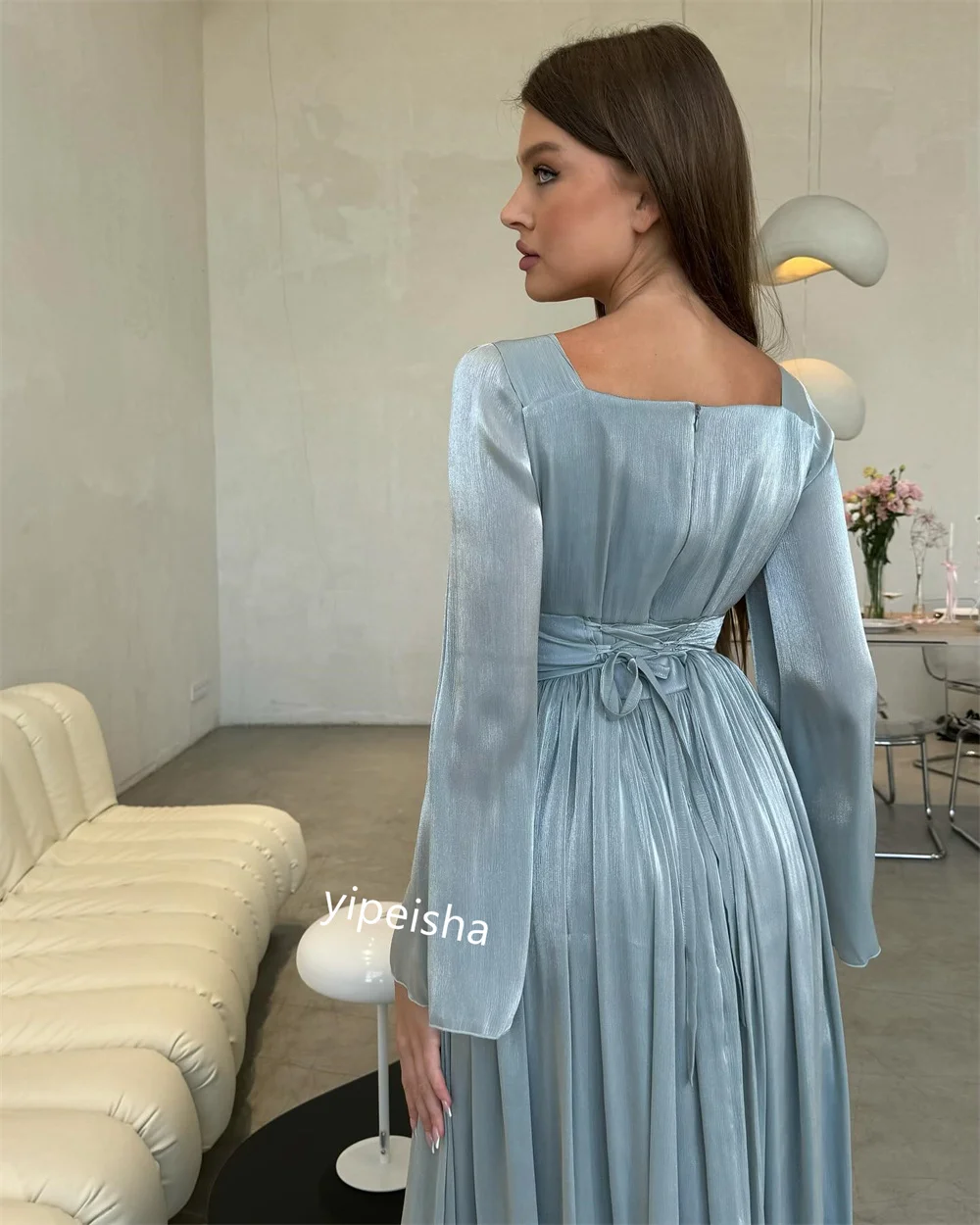 Customized    Saudi Arabia Satin Draped Wedding Party A-line Square Neck Bespoke Occasion Gown Midi es