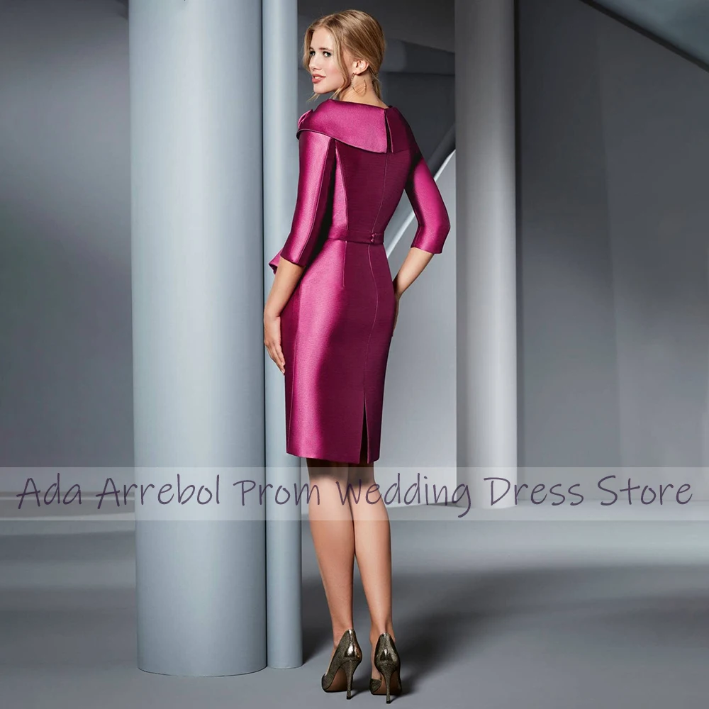 Purple Wedding Guest Dresses for Women Satin Sheath/Column Mother of the Bride Dress Knee Length 3/4 Sleeves Short Formal Gowns