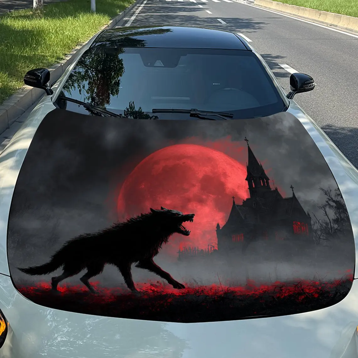 

Виниловая пленка для автомобиля Blood Moon Castle Wolf Shadow, водонепроницаемая наклейка на капот автомобиля из ПВХ, самоклеящиеся устойчивые к царапинам наклейки для Engi