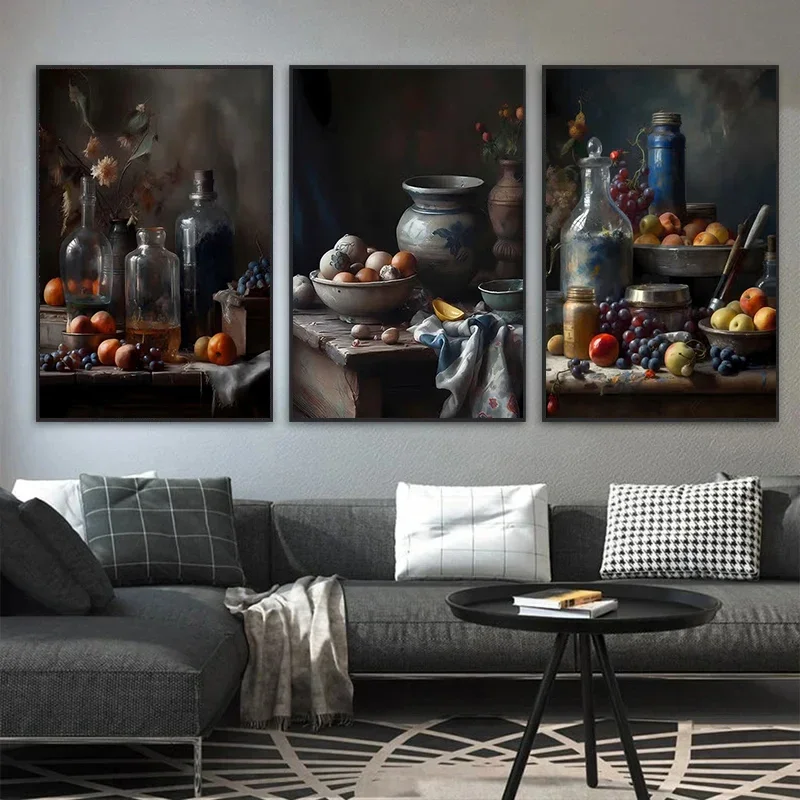 Frameless Canvas Painting Antique Vintage Fruits Flowers Still Life Poster Print Canvas Painting Wall Art Pictures For Kitchen L