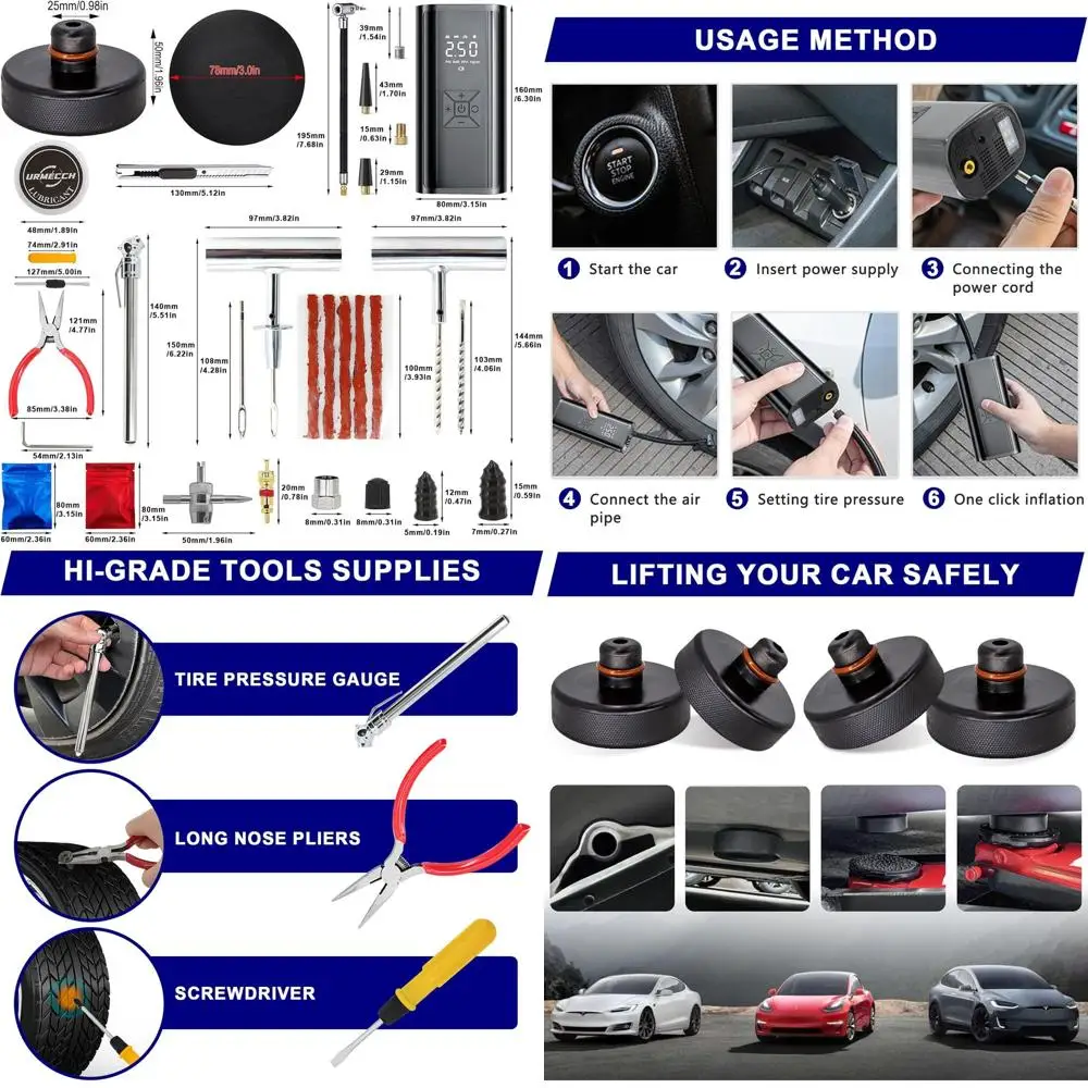 

4-Piece Lifting Jack Pads for Various Car Models with Tire Repair Kit and Digital Air Compressor