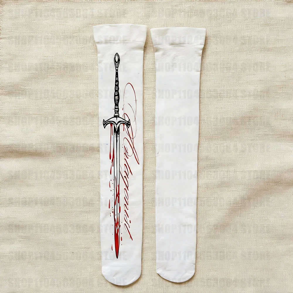 

White graffiti knee high socks with letter print, retro Gothic style, 2000s fetish, Harajuku knee high socks, girl cosplay socks