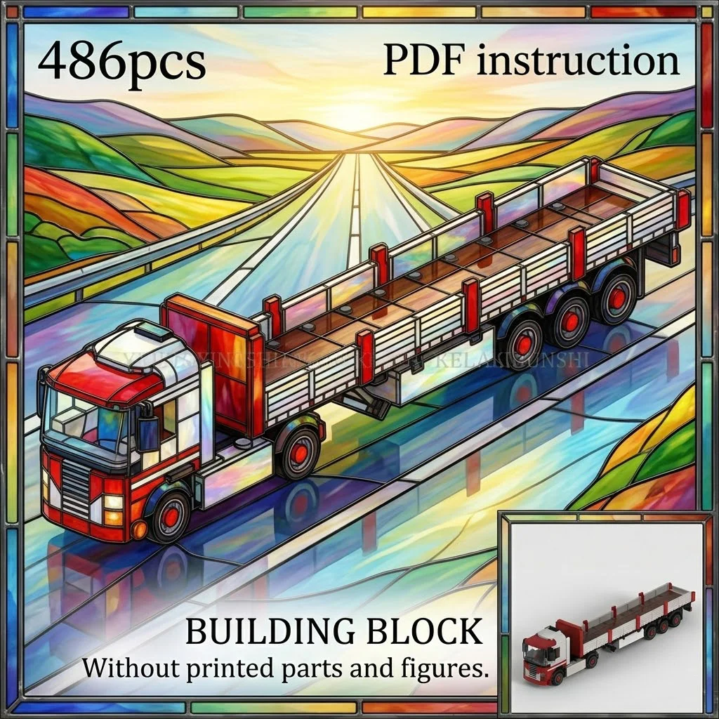 

Triple Axle Trailer Red White 8x4 Long Flatbed Cargo Truck MOC Block Model