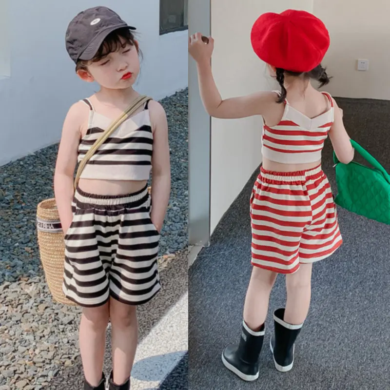 

Summer Baby and Girls Cotton Striped Sleeveless Strap Crop T-Shirt Tops+Shorts Pant Set Kids Tracksuit Child 2PCS Outfit 2-8 Yrs