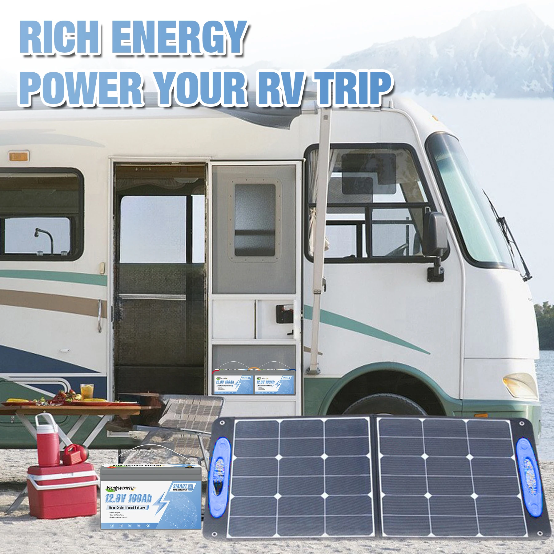 TCBWORTH 12 فولت 100 أمبير بطارية ليثيوم LiFePO4 بلوتوث مع بطارية ذكية BMS قابلة للشحن للنظام الشمسي RV السفر في الهواء الطلق المنزل