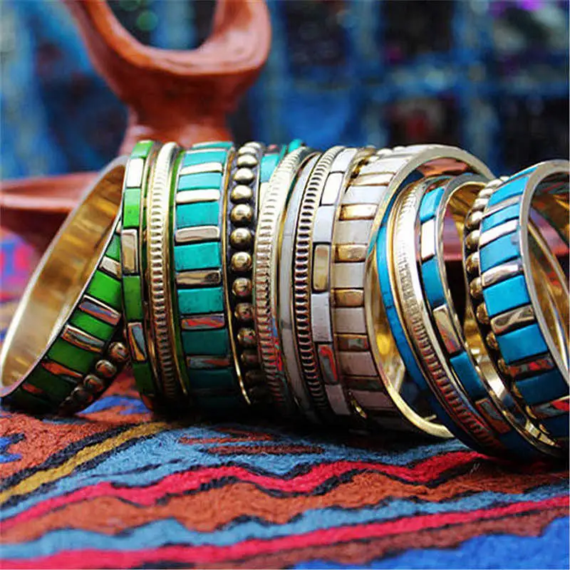 2024 Fashion BOHO Metal Brass Sets Bangle Inlaid Colorful Bone Resin Cuff Multi Desings BB-015