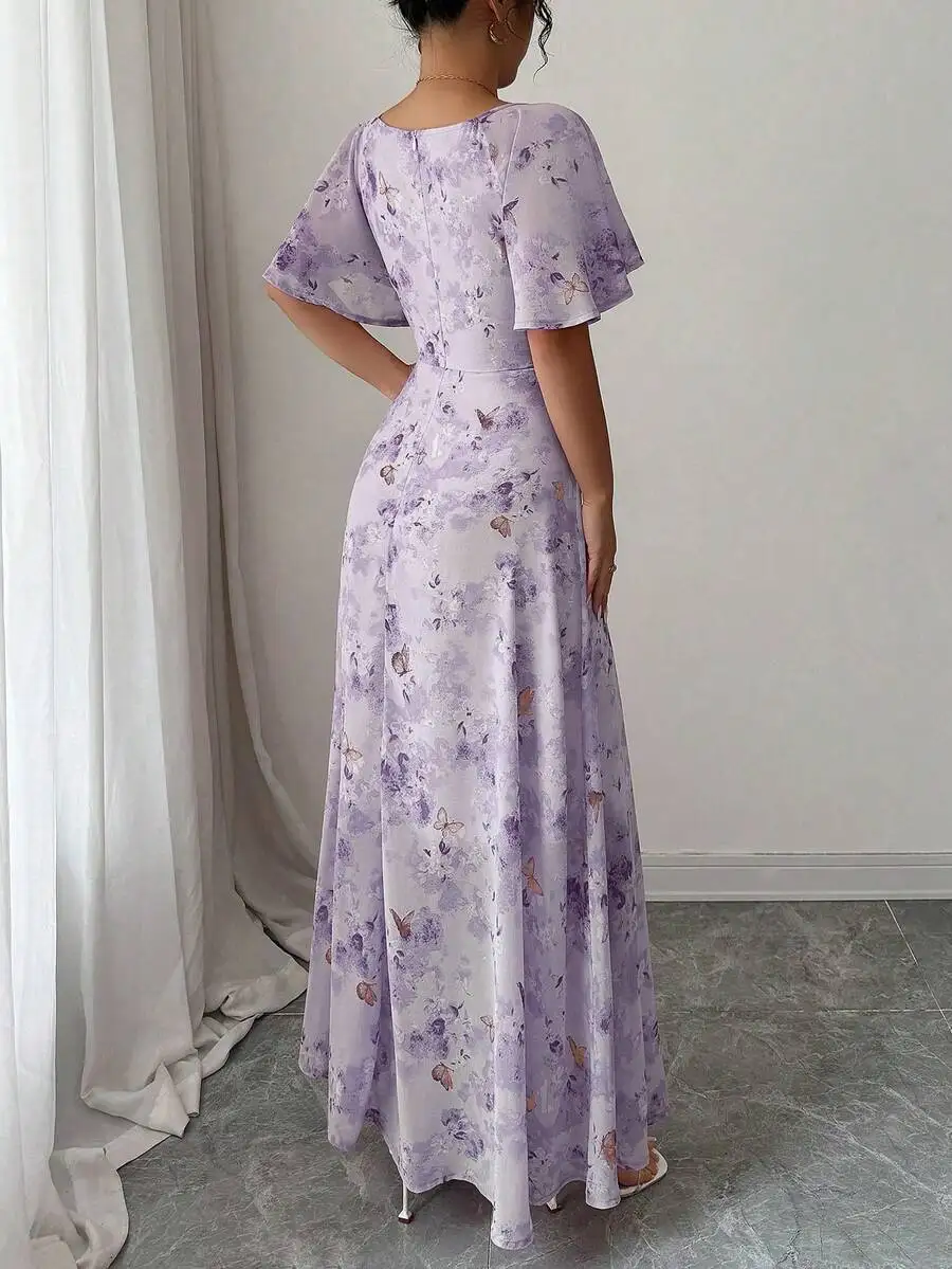 Women's Sweet French Style Mini Dress With Purple Butterfly Print, Batwing Sleeves & Back Zipper view 2