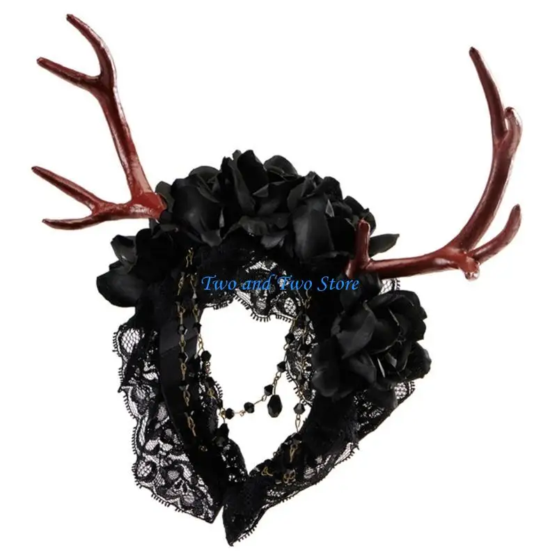 

HX6F повязки на голову с рогом ручной работы для девочек, головной убор ведьмы, рог, темный кружевной меховой костюм, маскарад,