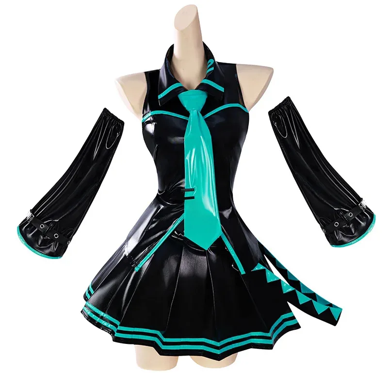 Black Green Leather Miku Cosplay Costume Wig Patent Leather Latex Women Girl Uniform Dress Anime Halloween Carnival Party Outfit