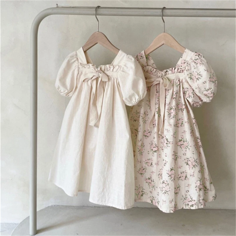 Summer Kids Girl Dress Children Bubble Sleeve Bow Floral Party Dress Outwear