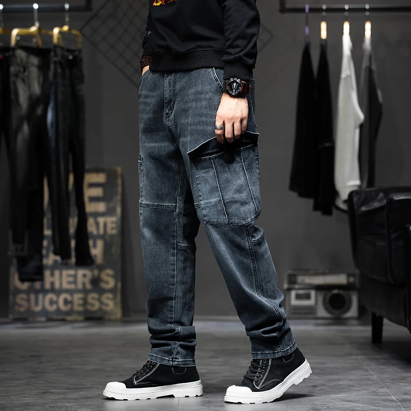 New autumn and winter models Men's spliced work jeans Fashionable multi-pocket loose jeans men's trousers Large size 28-44