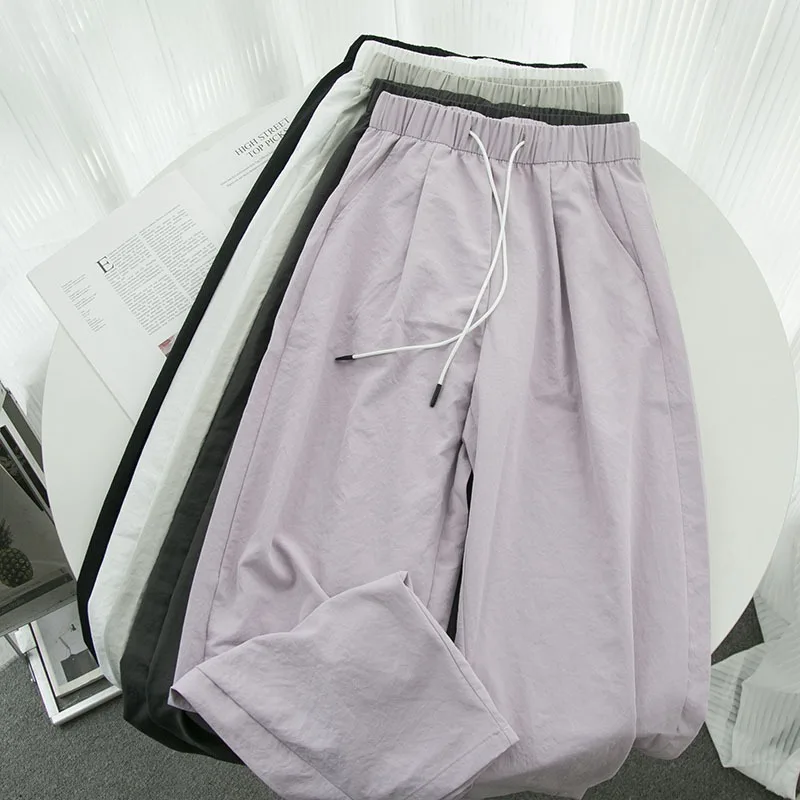 Summer Women Ice Silk Sun-Protective Curved Pants Girls Wide-Leg Pants Students Slim-Fit Casual Pants Lady Outdoor Sports Pants