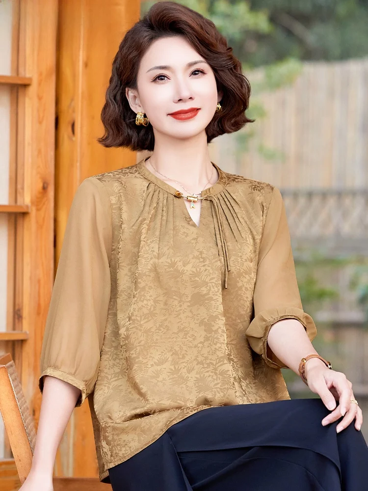 

Faionable Mom Summer Outfit 2025 New Sle Midi Mommy Women's Spring Summer Seven Sve Tops And Bot Set Polyester Fiber