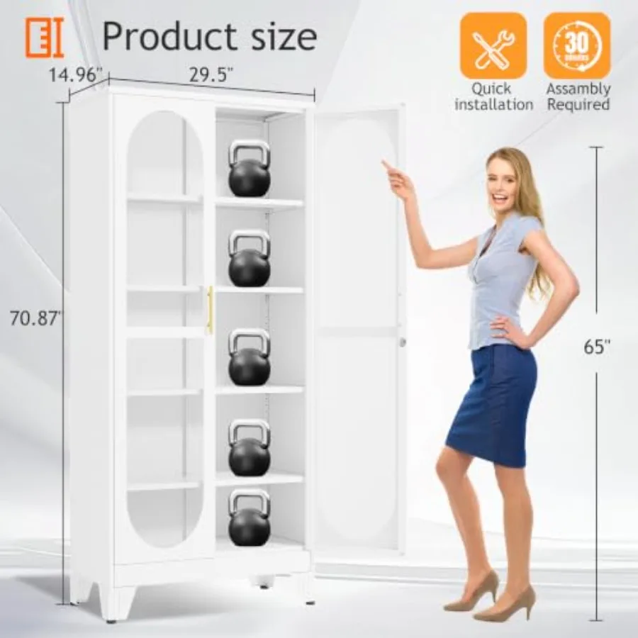 H Locking Display Cabinet with Glass Door, Metal Curio Cabinets with 4 Adjustable Shelves, Tall Liquor Cabinet Display Case for