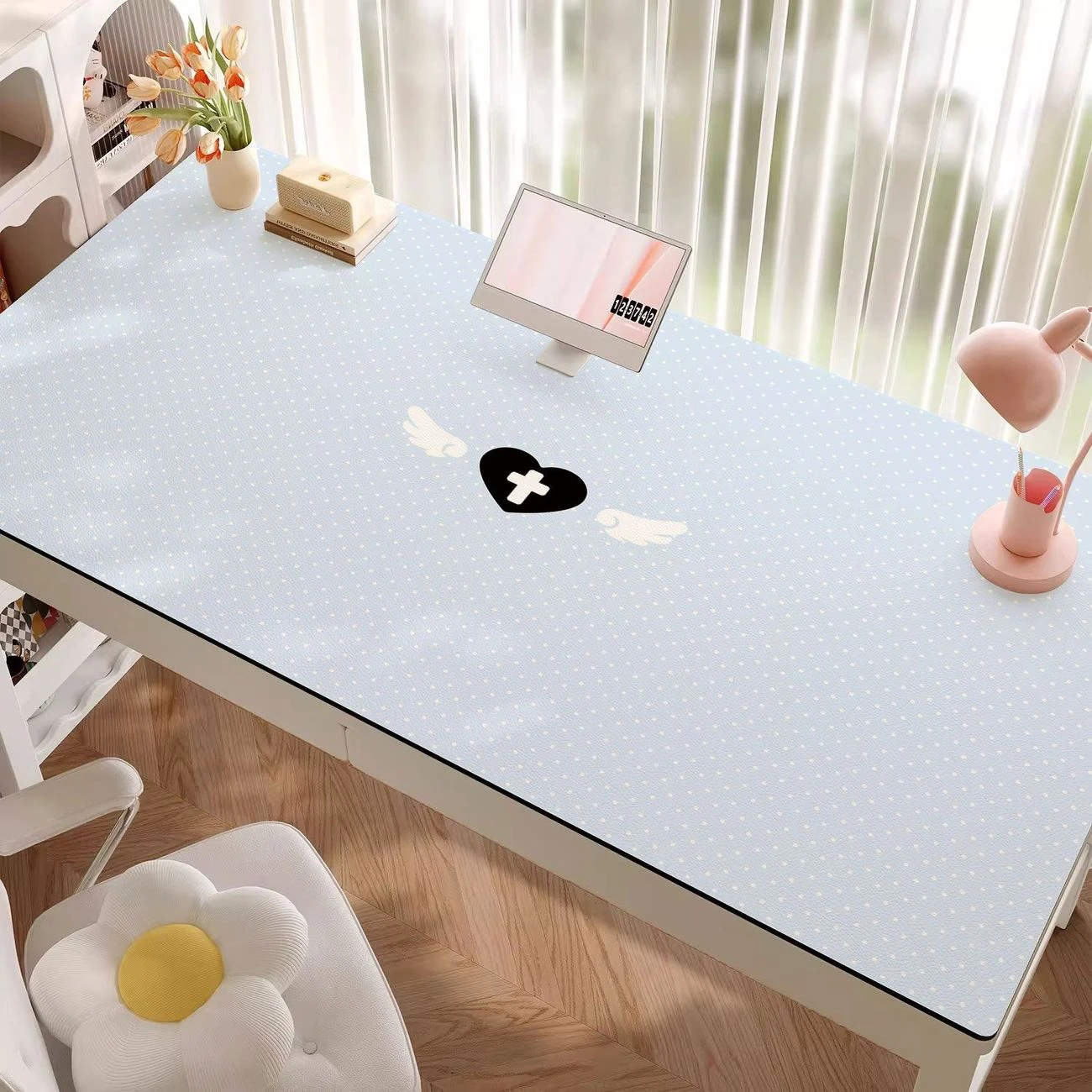 Pink Blue Polka Dot Wing Y2K Pu Leather Mouse Pad Waterproof Desk Mat Protective Game Keyboard For Dorm & Vanity Table Mat Decor