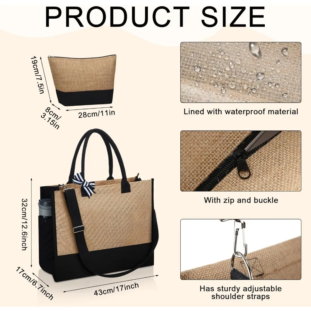 กระเป๋าผ้ากระสอบขนาดใหญ่แบบใช้ซ้ำได้ 17x13x7 นิ้ว - กระเป๋าชายหาดแบบเป็นมิตรกับสิ่งแวดล้อมพร้อมหูหิ้วสำหรับผู้หญิงและงาน DIY