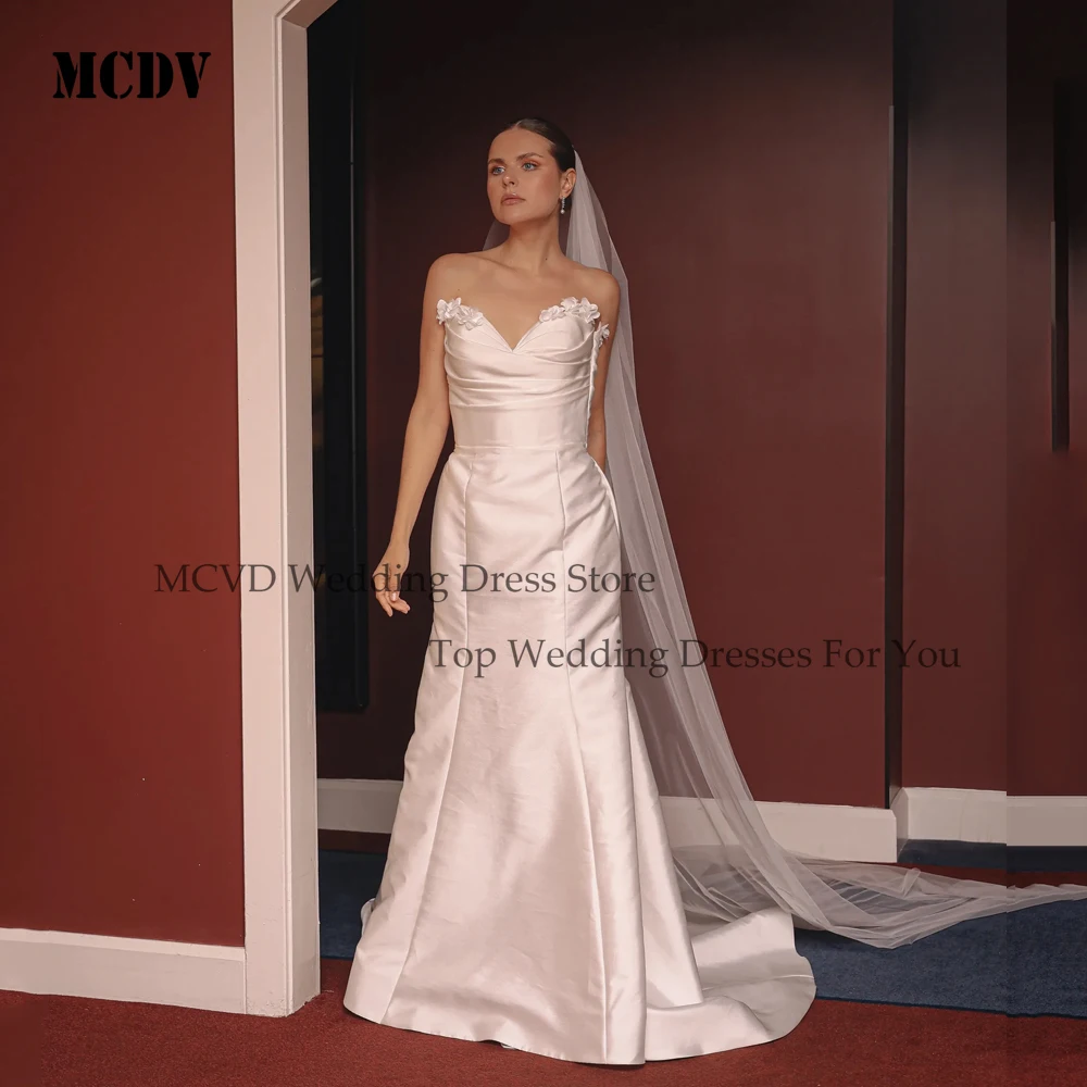 

MCDV Customized Flowers Pleat Wedding Dresses Bridal Mermaid Satin Lace Up Back Sleeveless Elegant robe de mariée Party Gowns