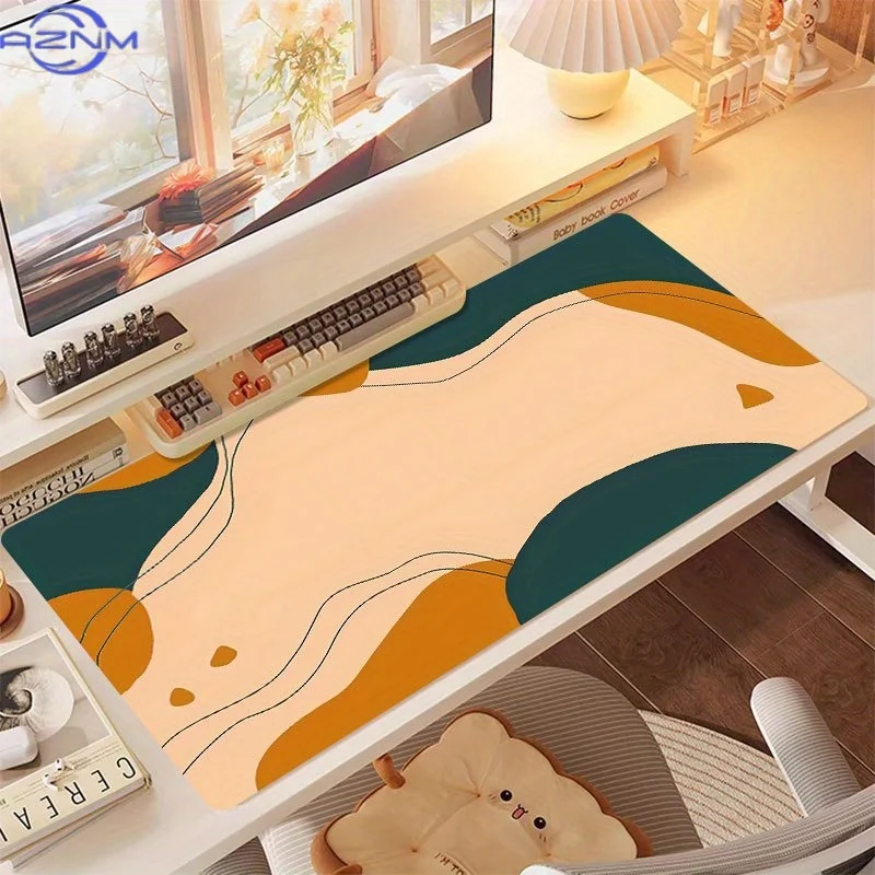 1pc Large Modern Abstract Green/Orange/Beige Desk Mat with Non-Slip Rubber Base, Precision-Stitched Edges & Ultra-Smooth Surface