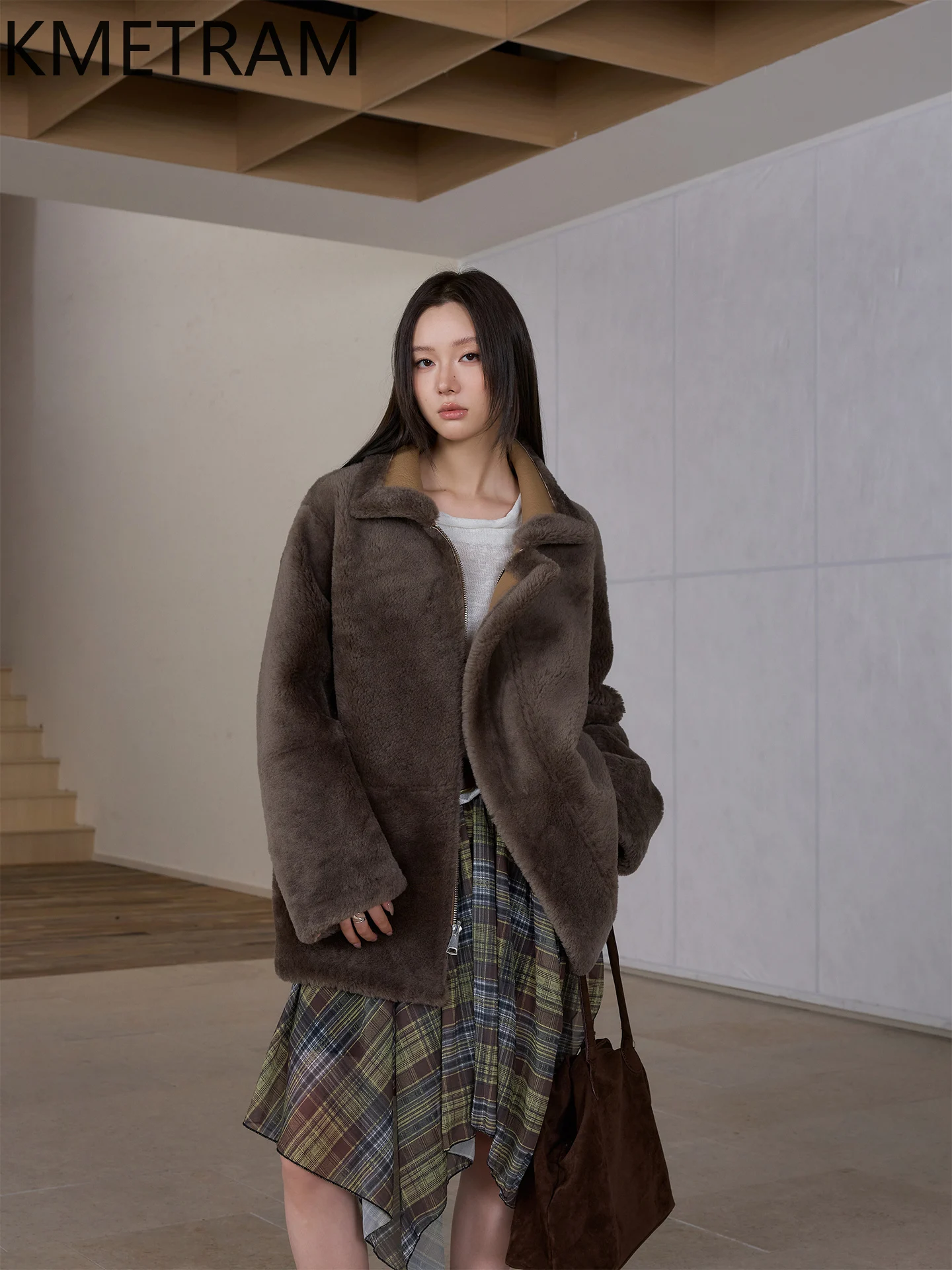 KMETRAM 100% 메리노 울 양가죽 양털 재킷 여성용 바이커 리버시블 리얼 퍼 코트 겨울 의류 2025 여성용 코트