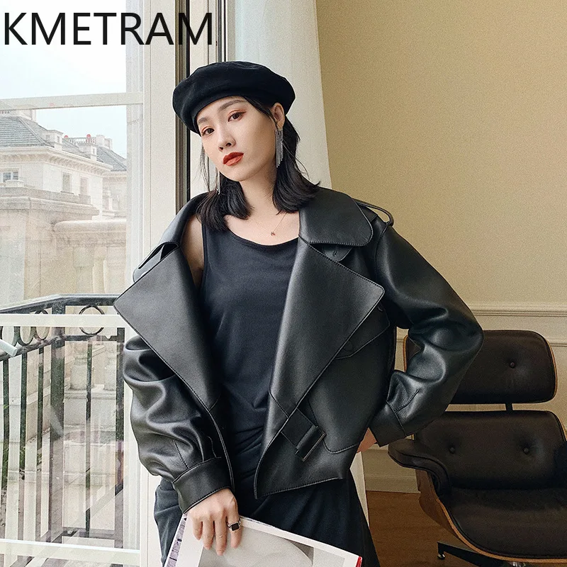KMETRAM 100% Real Sheepskin Leather Jacket Woman Korean Style Loose Coat Autumn Short Motorcycle Jackets Women Clothing 2026 자켓