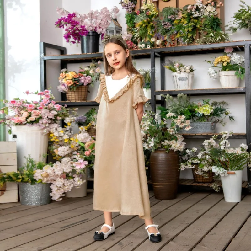 

Children's Summer Clothing Girls' Skirts Flower Edge Short Sleeve Dubai Arab Dress Abaya Children's Clothing kids clothes