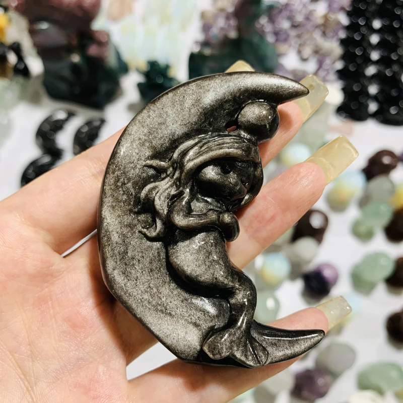 Silver Sheen Obsidian Moon Mermaid Statue Gifts Chakra Quartz Crystal Gemstone Carving Ocean Goddess Figurine Talisman Decor