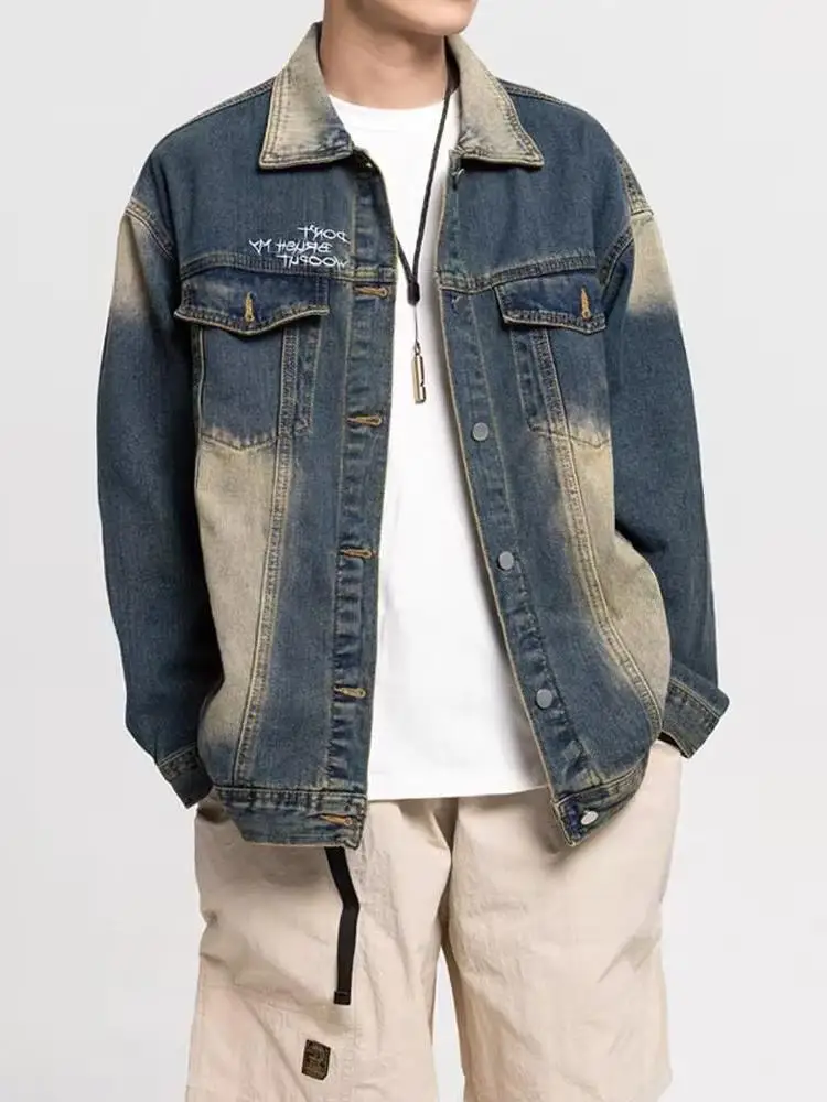 レトロアメリカンウォッシュデニムジャケットメンズスリムフィットスタイリッシュな大きいサイズトップシャツジャケットファッションアーバン春秋冬