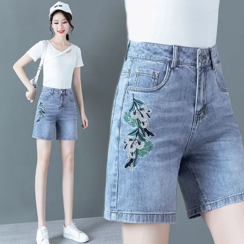 Denim Shorts For Women 2024 Summer New High Waist Vintage Floral Embroidery Straight Leg jean Shorts 3XL