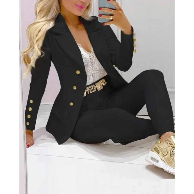 2024 Women Two Piece Clothes Set Spring Summer Solid Color Cardigan Single-Breasted French Casual Suit Jacket Skinny Pants