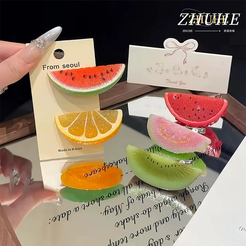 Damen-Haarspangen aus Kunstharz, Niedliche Frucht-Haarklammern, Wassermelonen-, Kiwi- und Orangen-Design, Modische Haarnadeln
