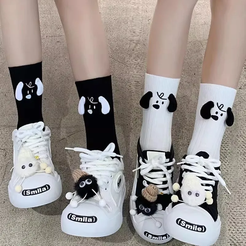 Happy Funny 3d Doll Eared Knitted Puppy Dog White Socks Women Cute Streetwear Novelty Gift White Cartoon Eyes Couples Sox Socks